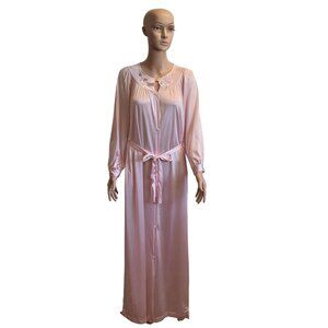 Vintage Lorraine Robe Small Pink Peignoir Embroidered Belt Button Nylon FLAWED